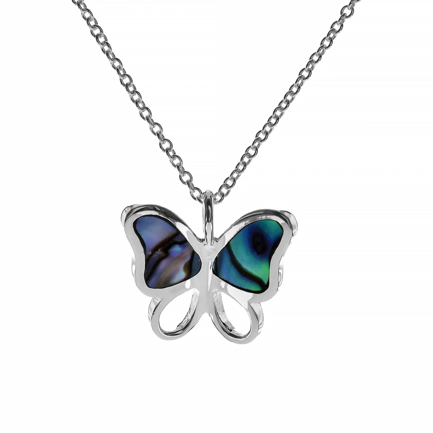 Silver pendant shaped like a butterfly with paua shell details and silver chain