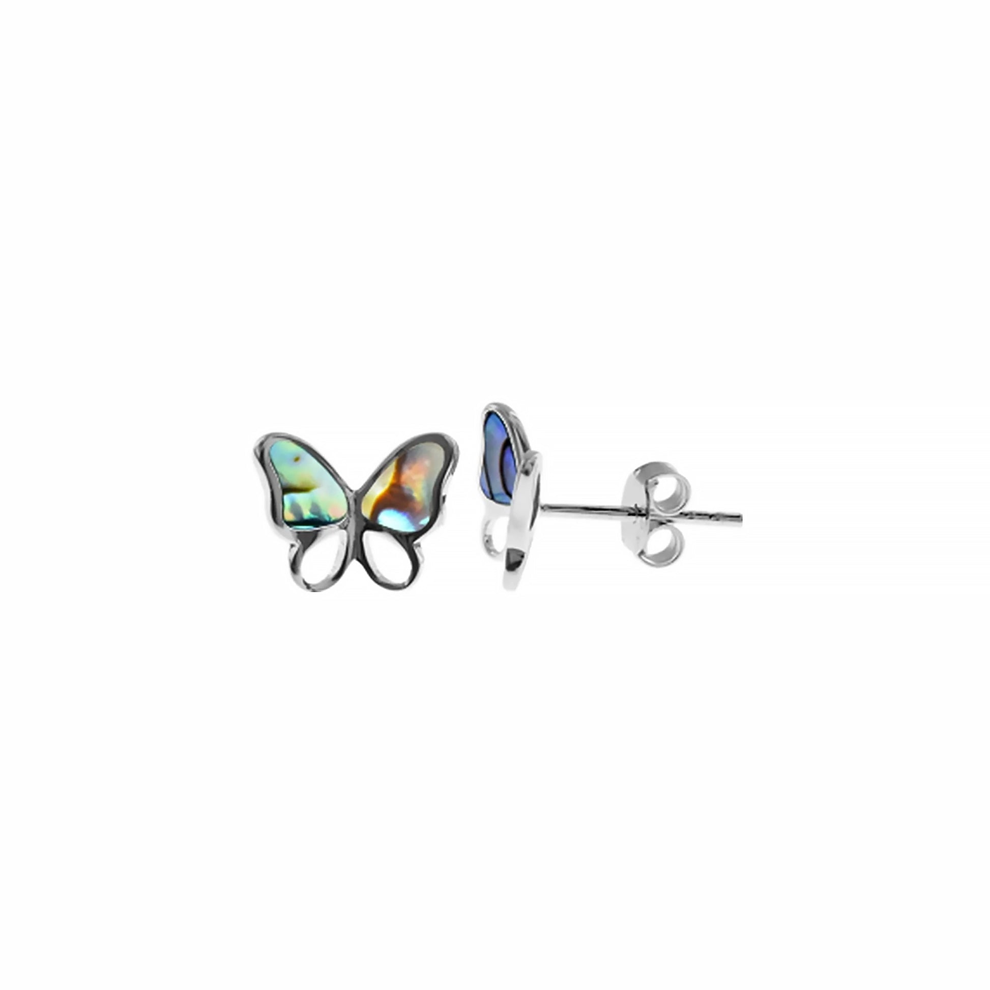 Silver stud earrings shaped like butterflies with paua shell details
