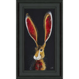 A narrow rectagular framed print featuring a hair with long ears