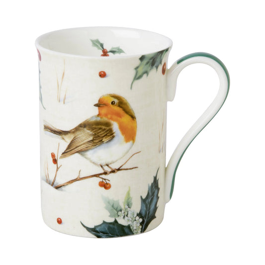 A cream china mug with a robin and holly design