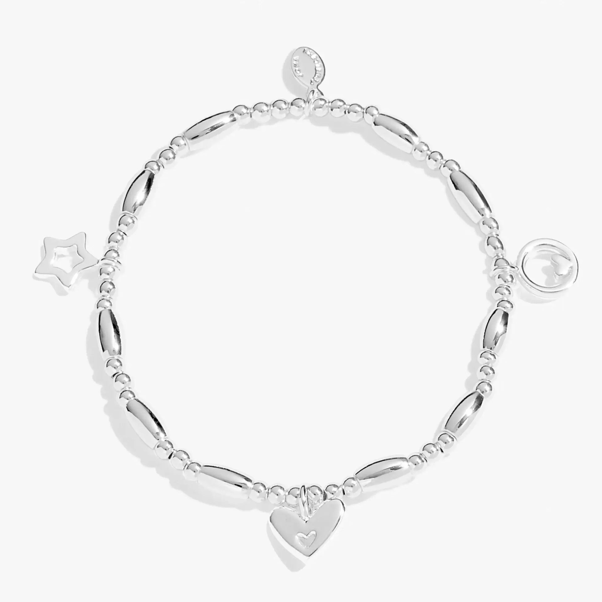 A beaded stretch silver bracelet with three different charms, hearts and a star