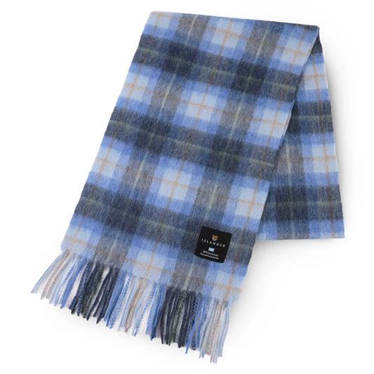 A light blue tartan wool scarf with fringe