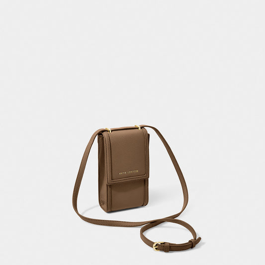 A phone crossbody bag in a light brown leather look with a long strap and gold hardware