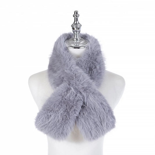 A light grey coloured faux fur pull through scarf