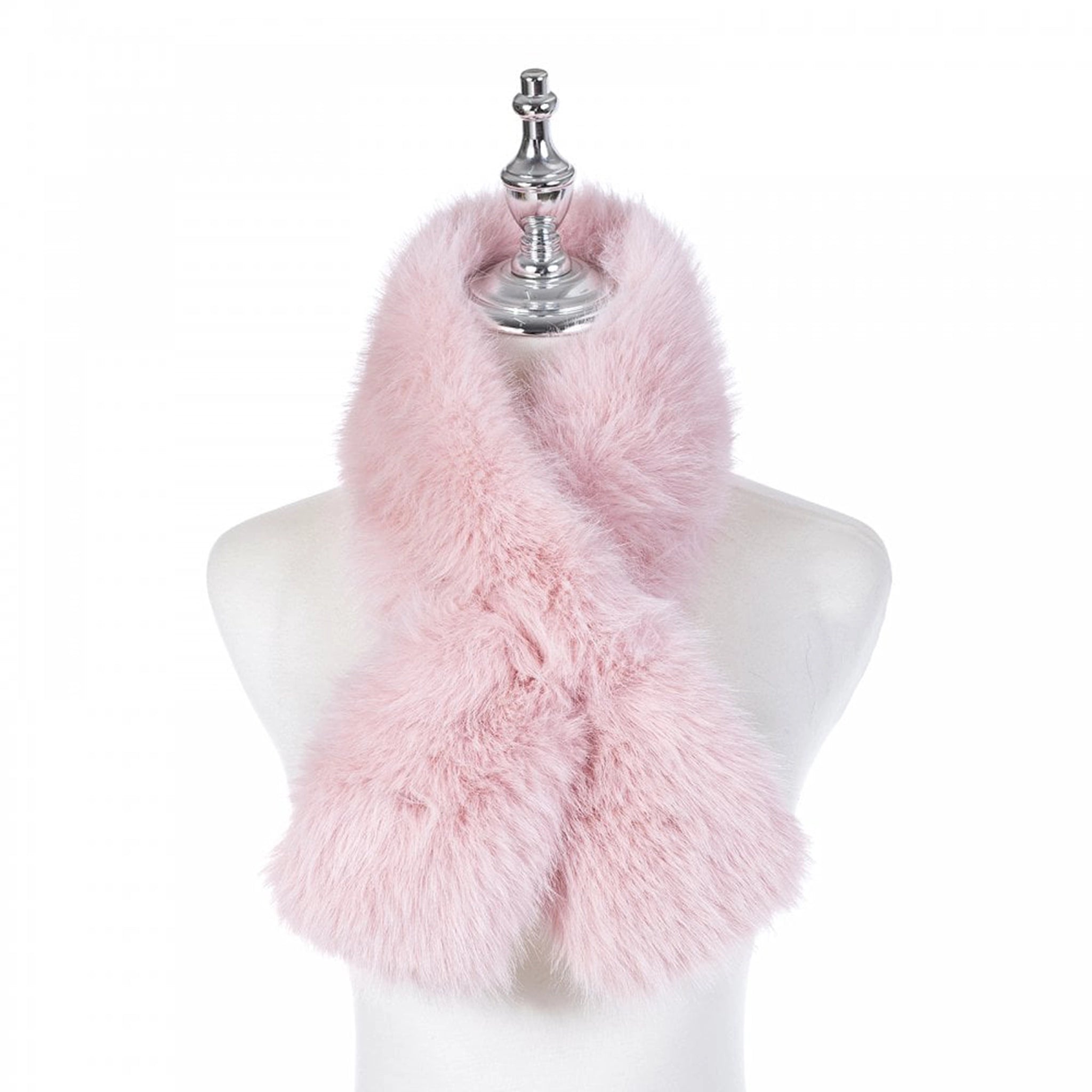 A light pink coloured faux fur pull through scarf