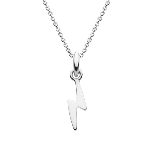 A silver lightning bolt pendant on a silver chain