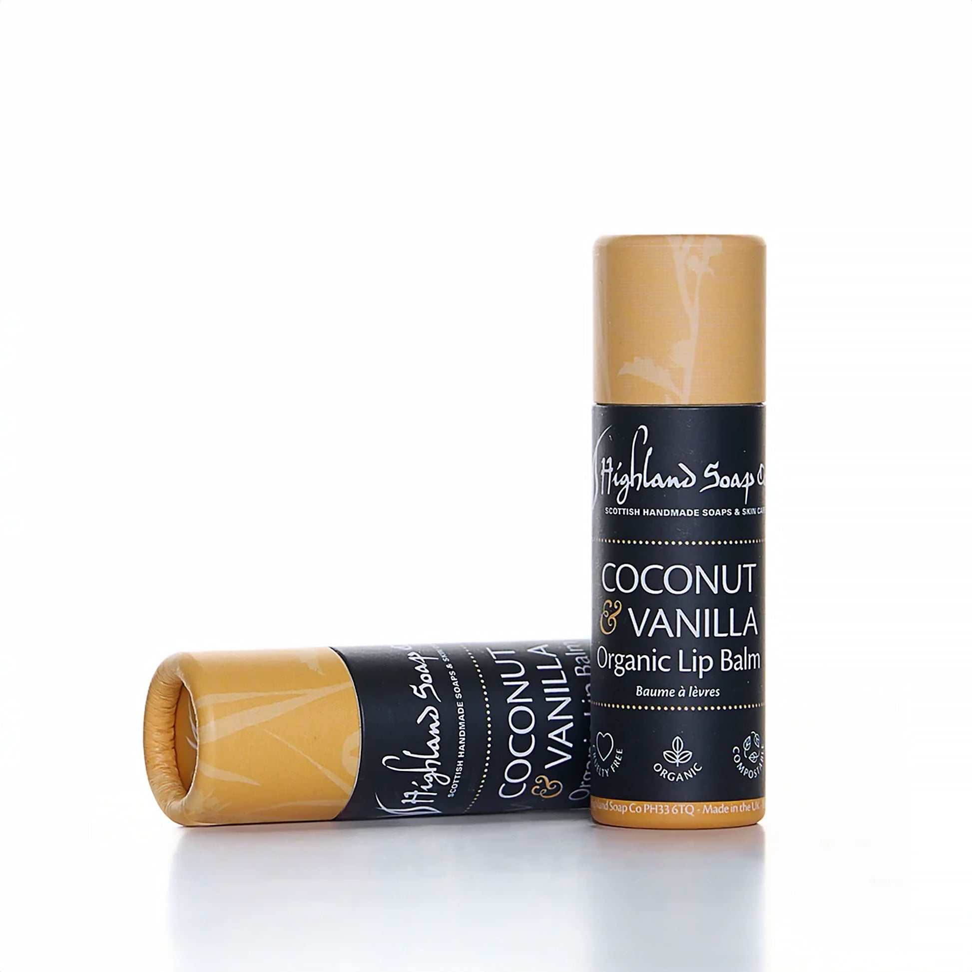 Coconut and vanilla lip balm in compostable tube