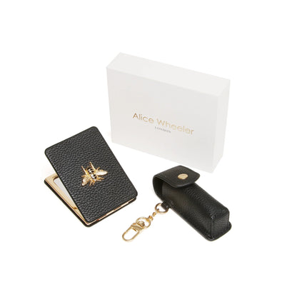 Gift set with oblong compact mirror with bee emblem and a lipstick holder in stone faux leather 