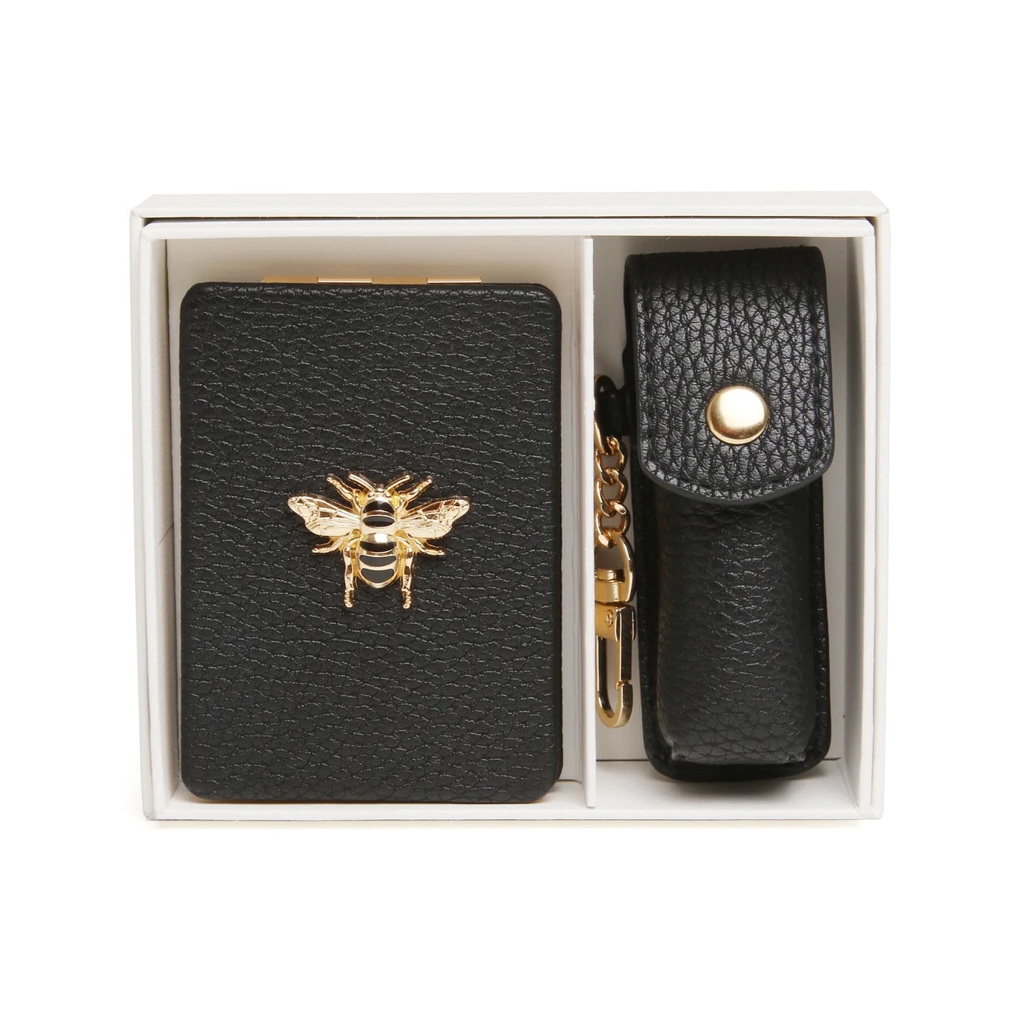 Gift set with oblong compact mirror with bee emblem and a lipstick holder in stone faux leather 