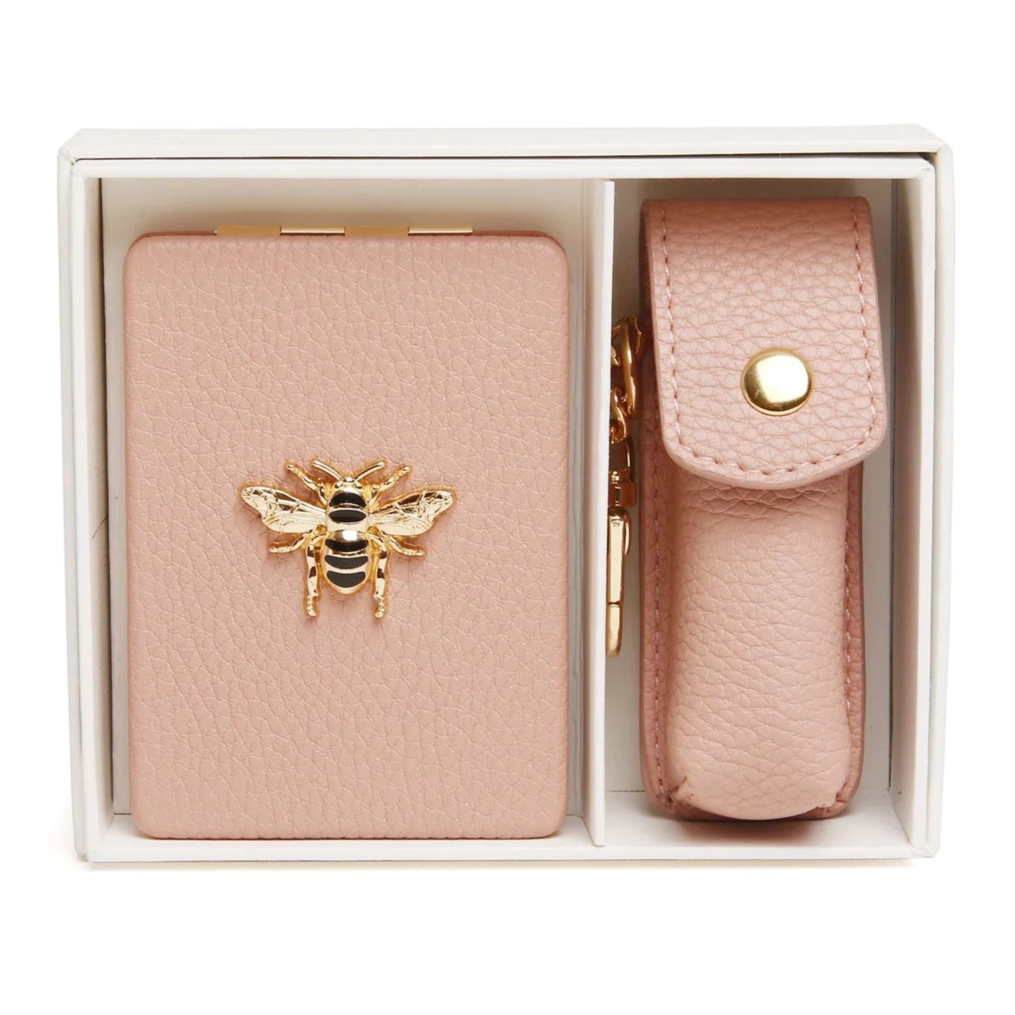 Gift set with oblong compact mirror with bee emblem and a lipstick holder in pink faux leather 