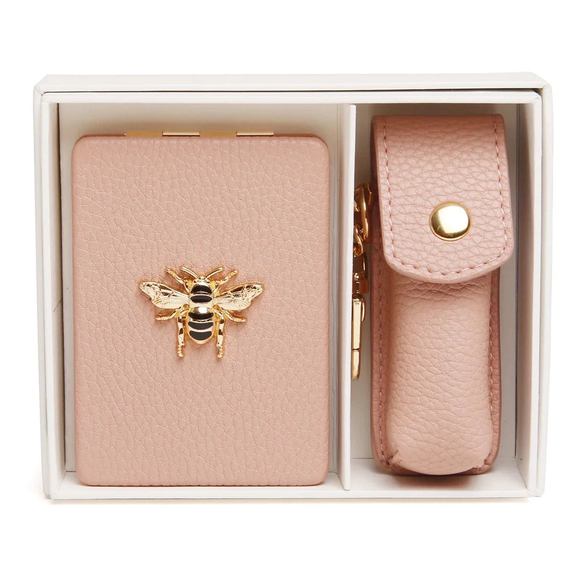 Gift set with oblong compact mirror with bee emblem and a lipstick holder in pink faux leather 
