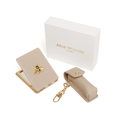 Gift set with oblong compact mirror with bee emblem and a lipstick holder in stone faux leather 