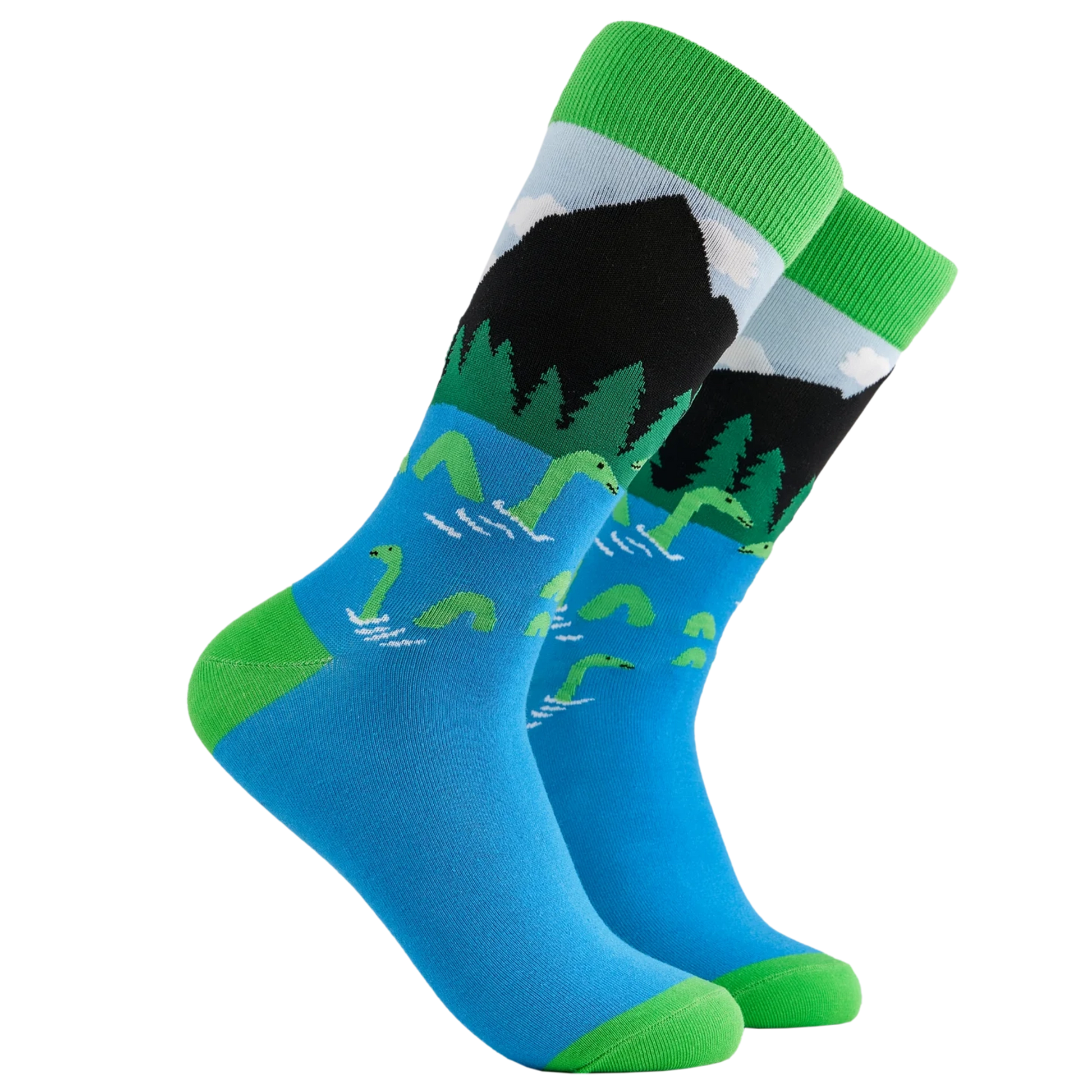 Blue and green socks with loch ness monster design