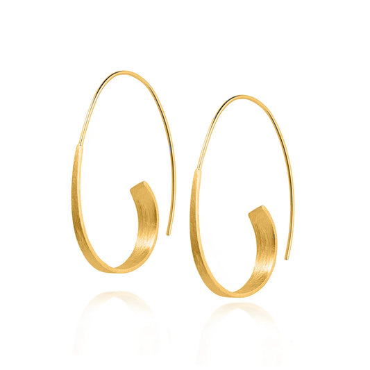 Satin finish gold spiral earrings with long hooks and curled ribbon design