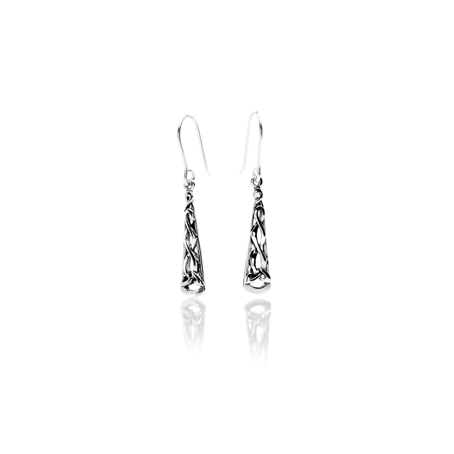 A pair of long Celtic trinity knot tie shaped drop earrings on silver hooks