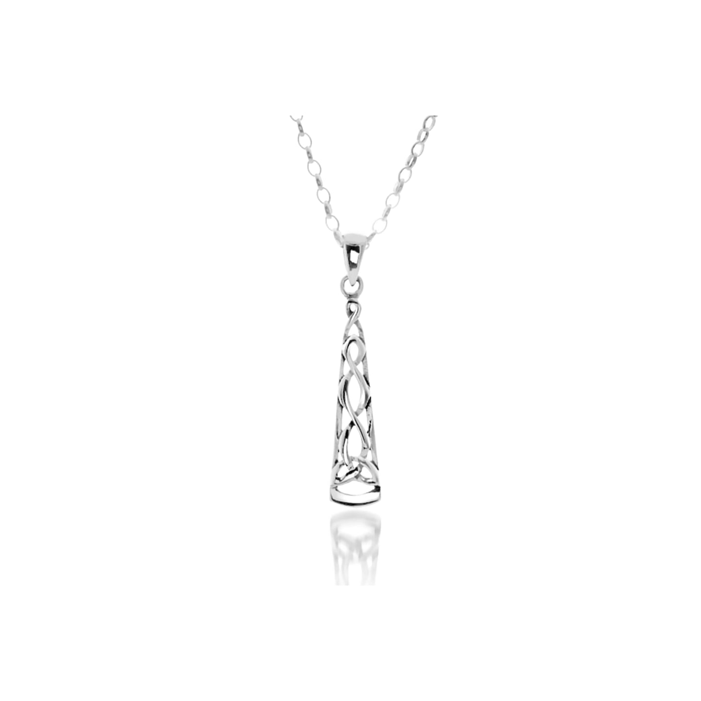A long Celtic trinity knot tie shaped pendant on a silver chain