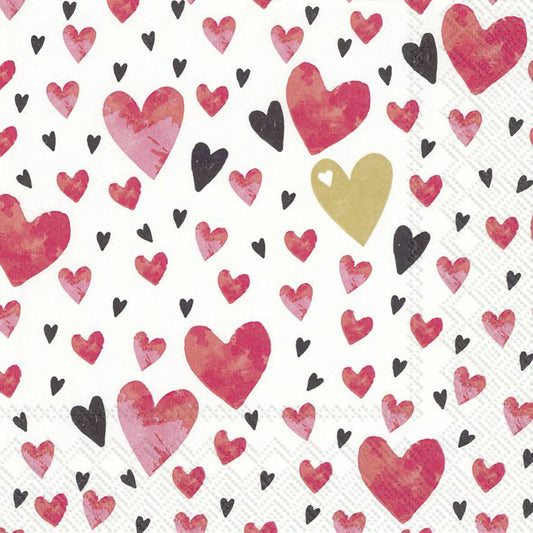 White paper napkins featuring multiple hearts in red, gold and black 