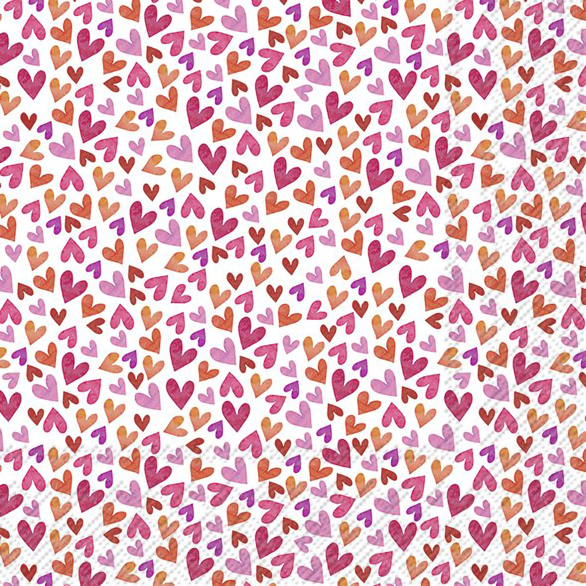 A ditsy heart patterned napkin with pink, purple and orange hearts all over