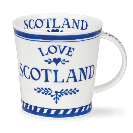 mug featuring a blue and white design that say 'Love Scotland' 