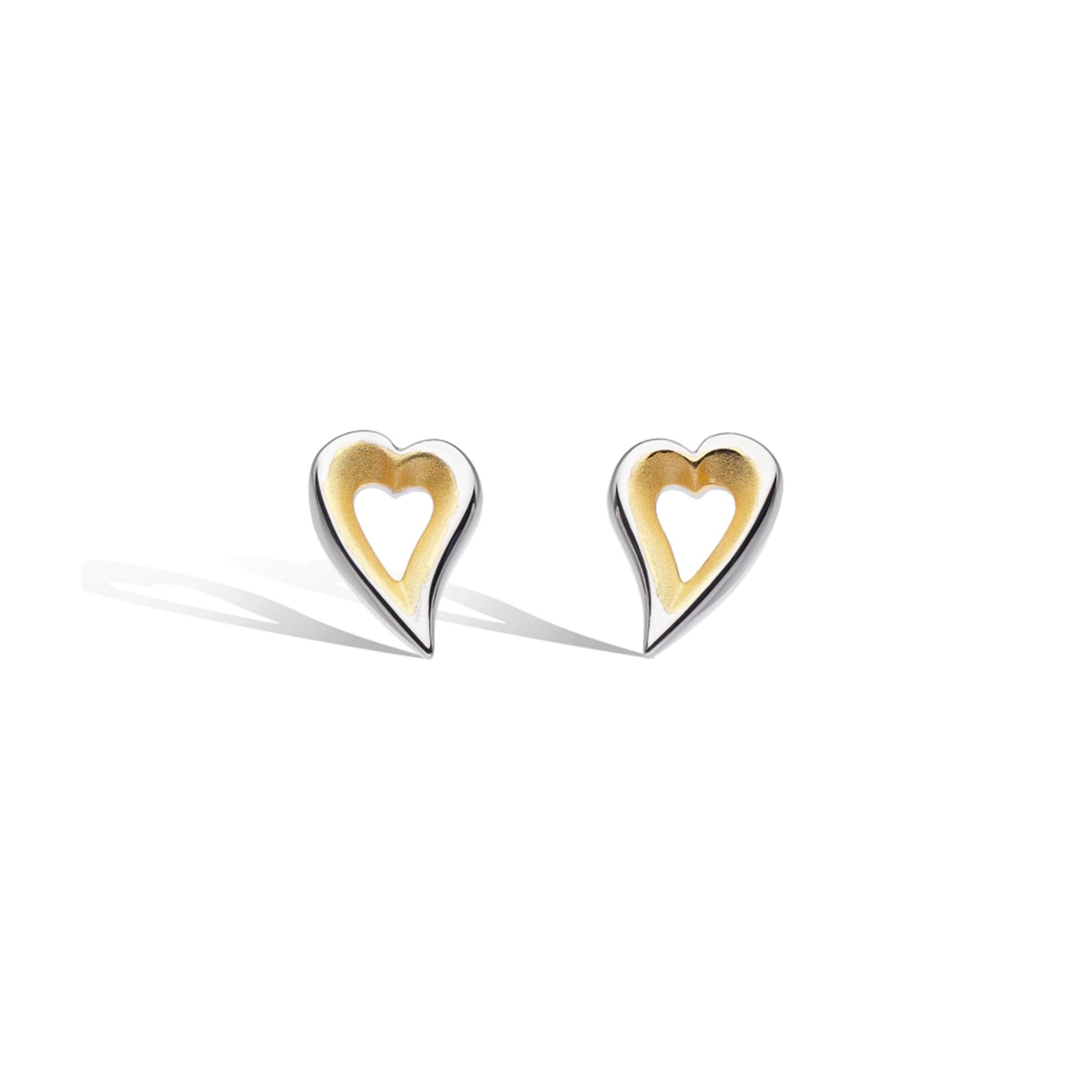 A pair of silver open heart shaped earrings with satin gold plated interior