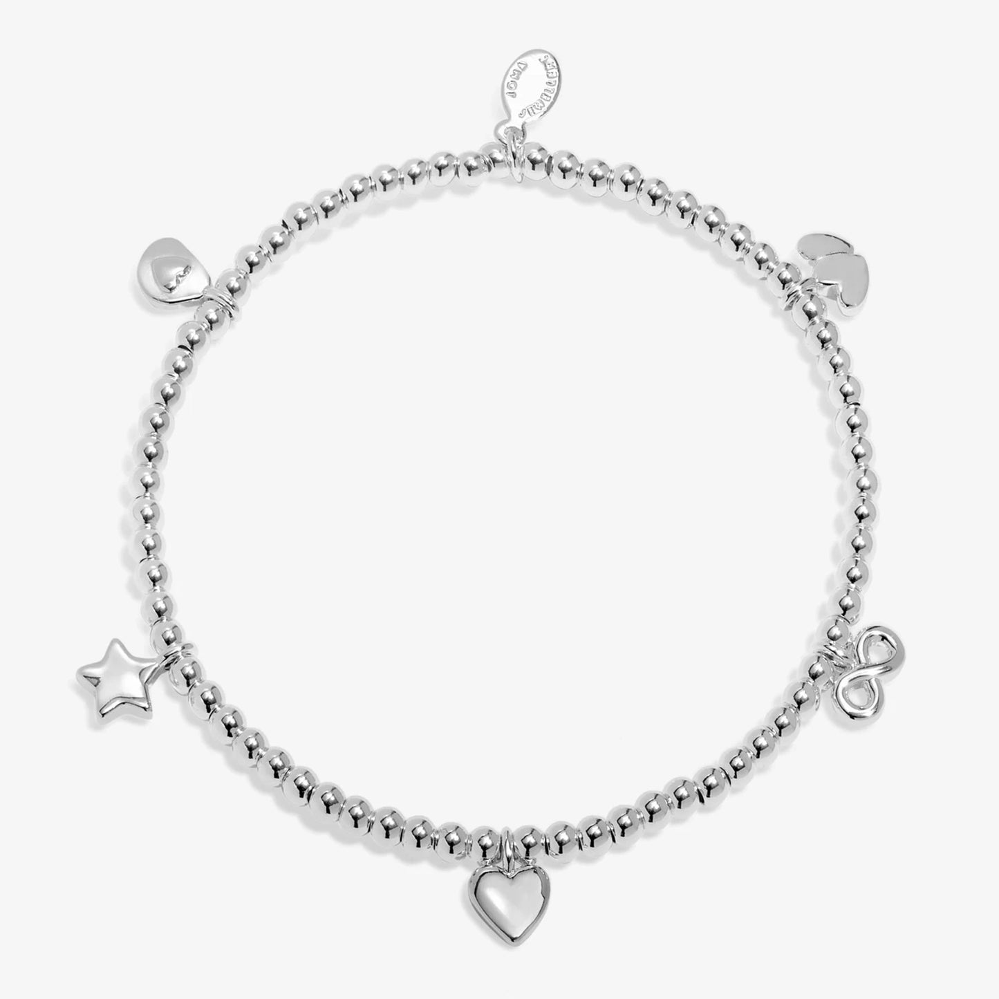 Silver stretch bracelet beaded bracelet with five charms, hearts, stars and an infinity symbol