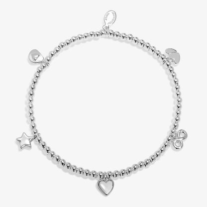 Silver stretch bracelet beaded bracelet with five charms, hearts, stars and an infinity symbol