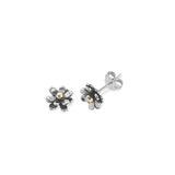 Silver earrings with double layer petals and gold centres on stud fittings