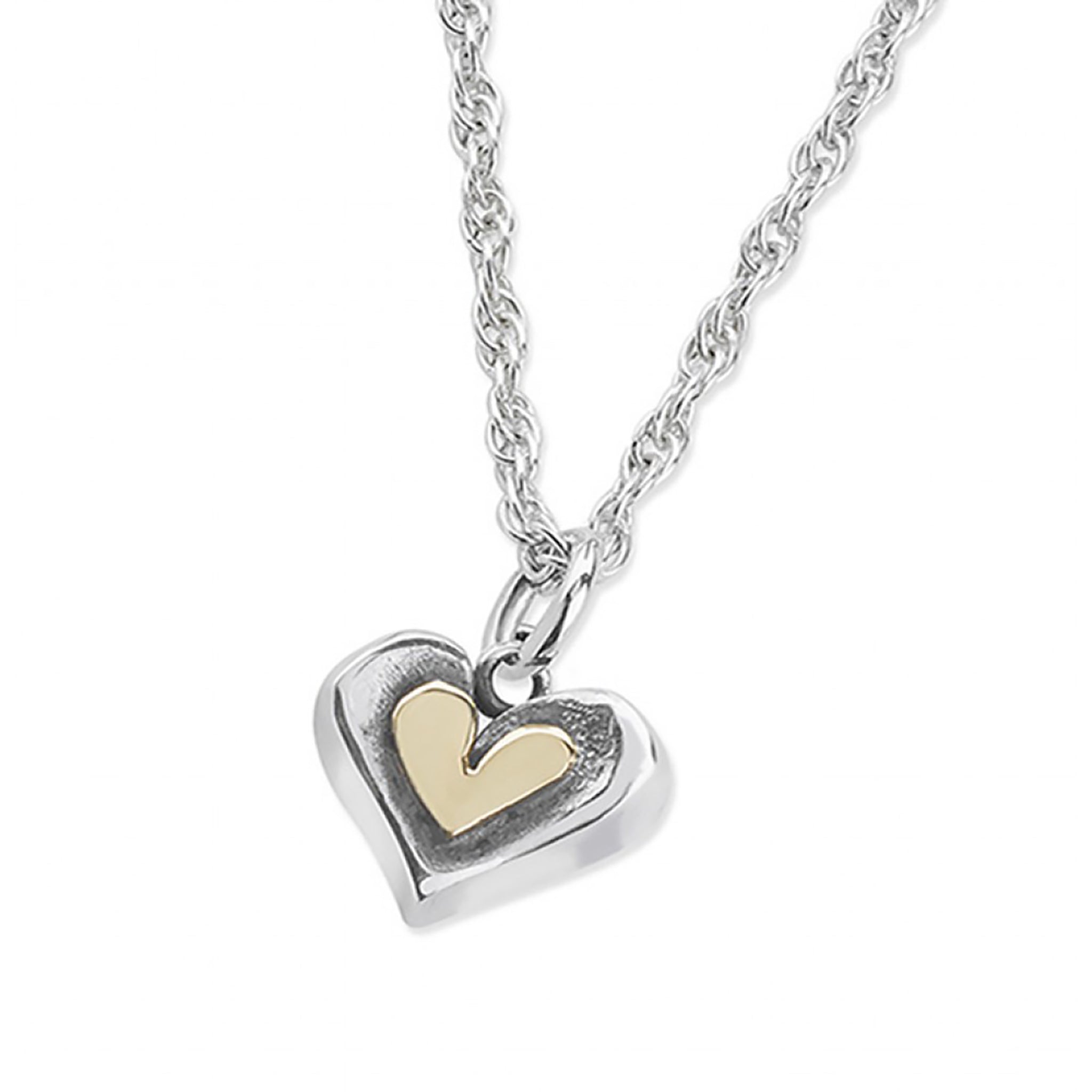 Silver pendant in illustrative heart shape with gold heart centre on a silver chain