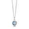 A silver pendant featuring a round organic shape with a CZ in the centre and light blue enamel