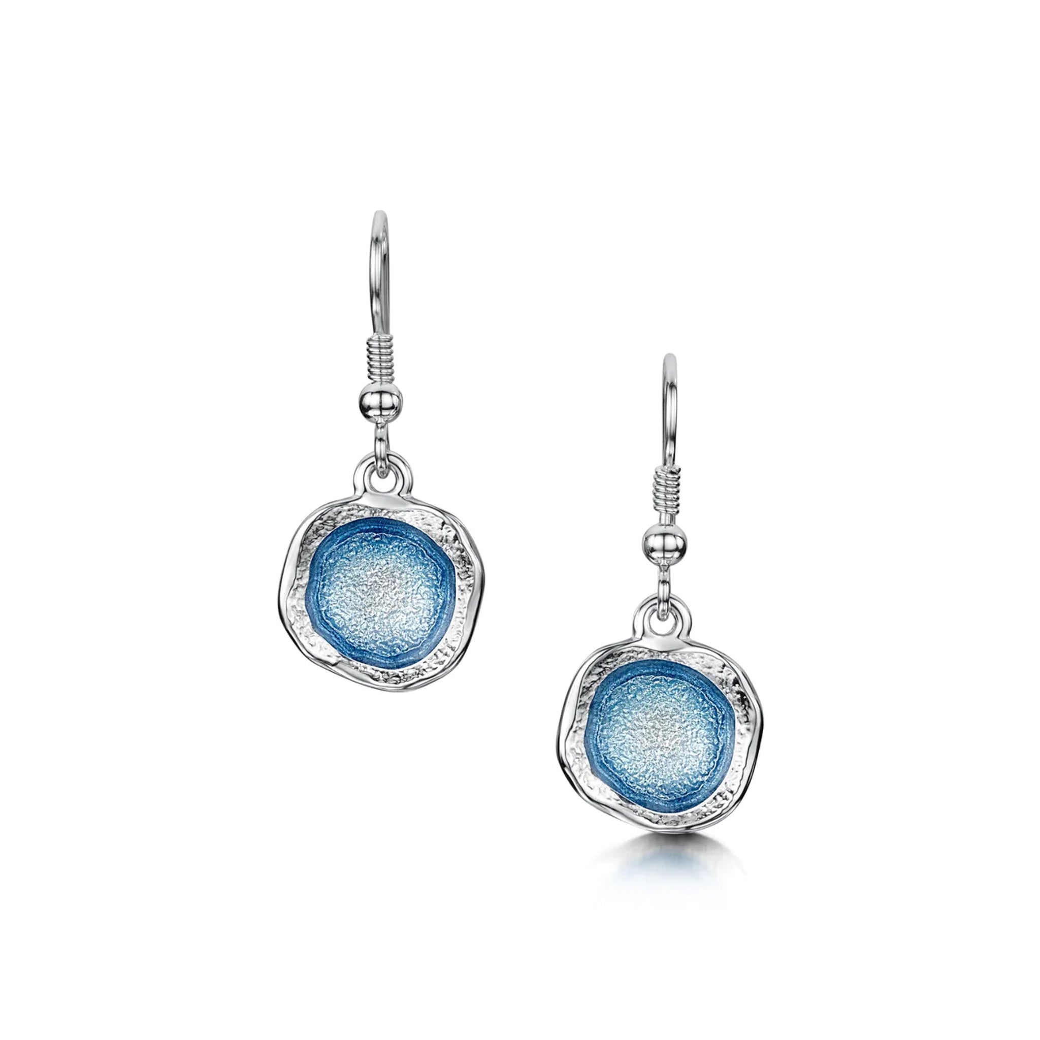 Silver drop earrings in an organic shape with subtle texture and blue enamelled centres on hook fastenings