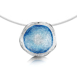 Silver necklet on wire, with large pendant in an irregular, organic shape with subtle texture and blue enamelled centre