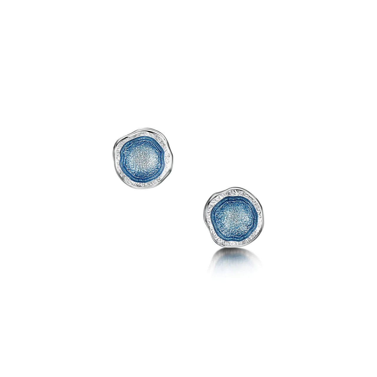 Small silver stud earrings in an irregular, organic shape with subtle texture and blue enamelled centres