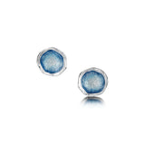 Silver stud earrings in an irregular, organic shape with subtle texture and blue enamelled centres