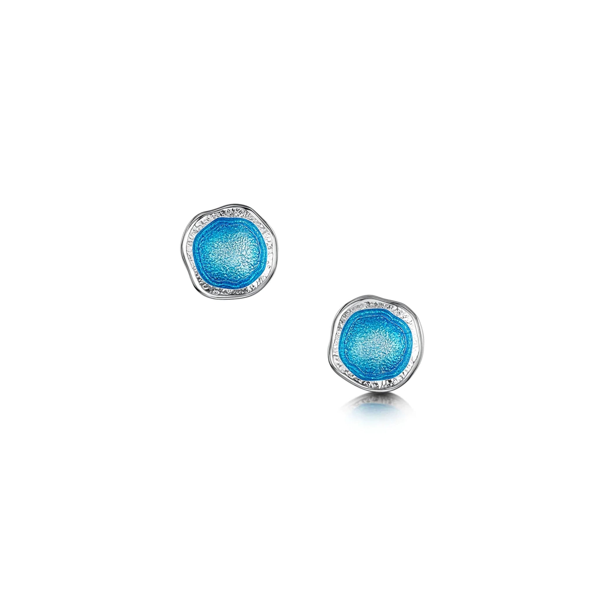 Silver round stud earrings with irregular and organic shape, subtle texture and bright blue enamelled centres