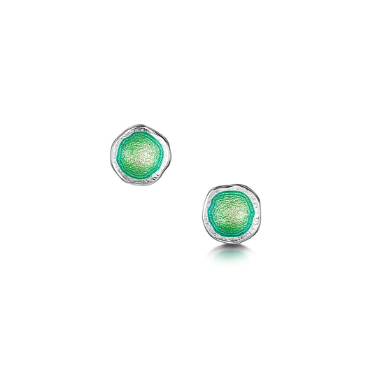 Silver round stud earrings with irregular and organic shape, subtle texture and bright green enamelled centres