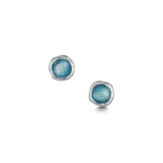 Silver round stud earrings with irregular and organic shape, subtle texture and blue green enamelled centres