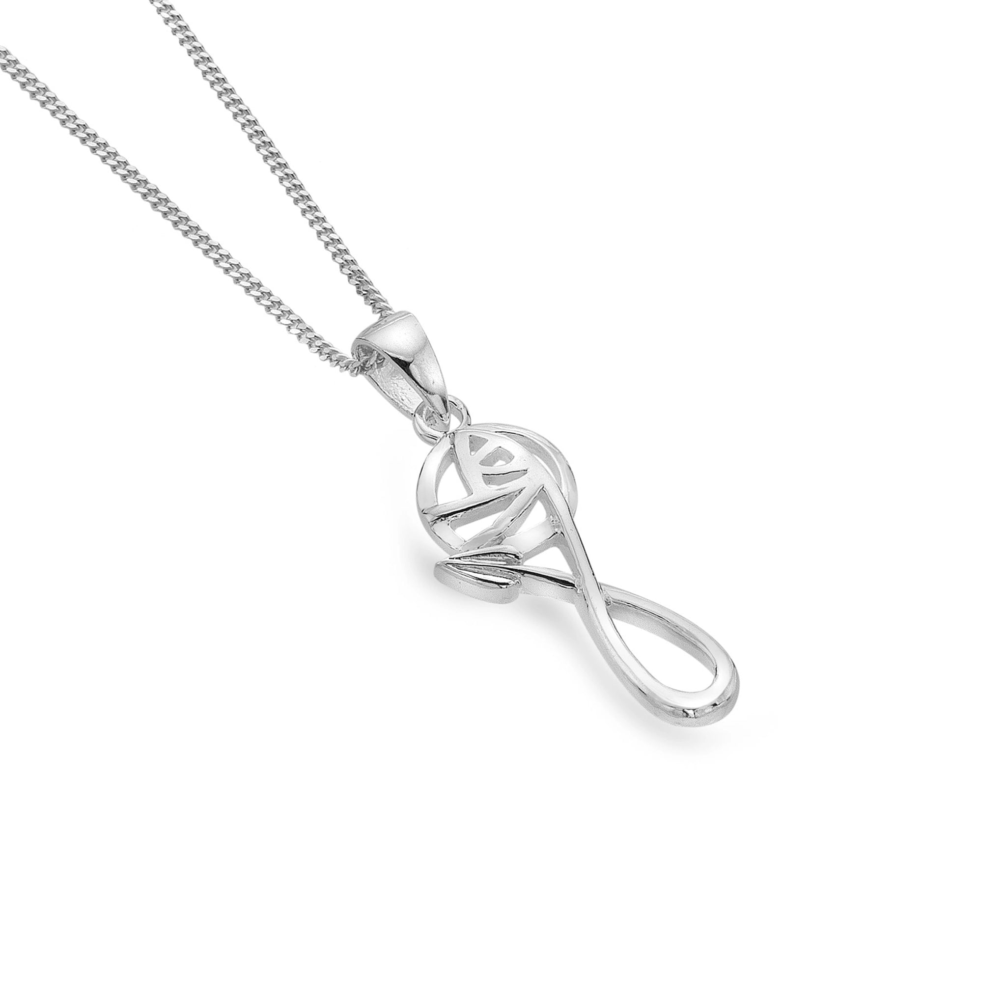 A long Mackintosh rose pendant with a looping stem design