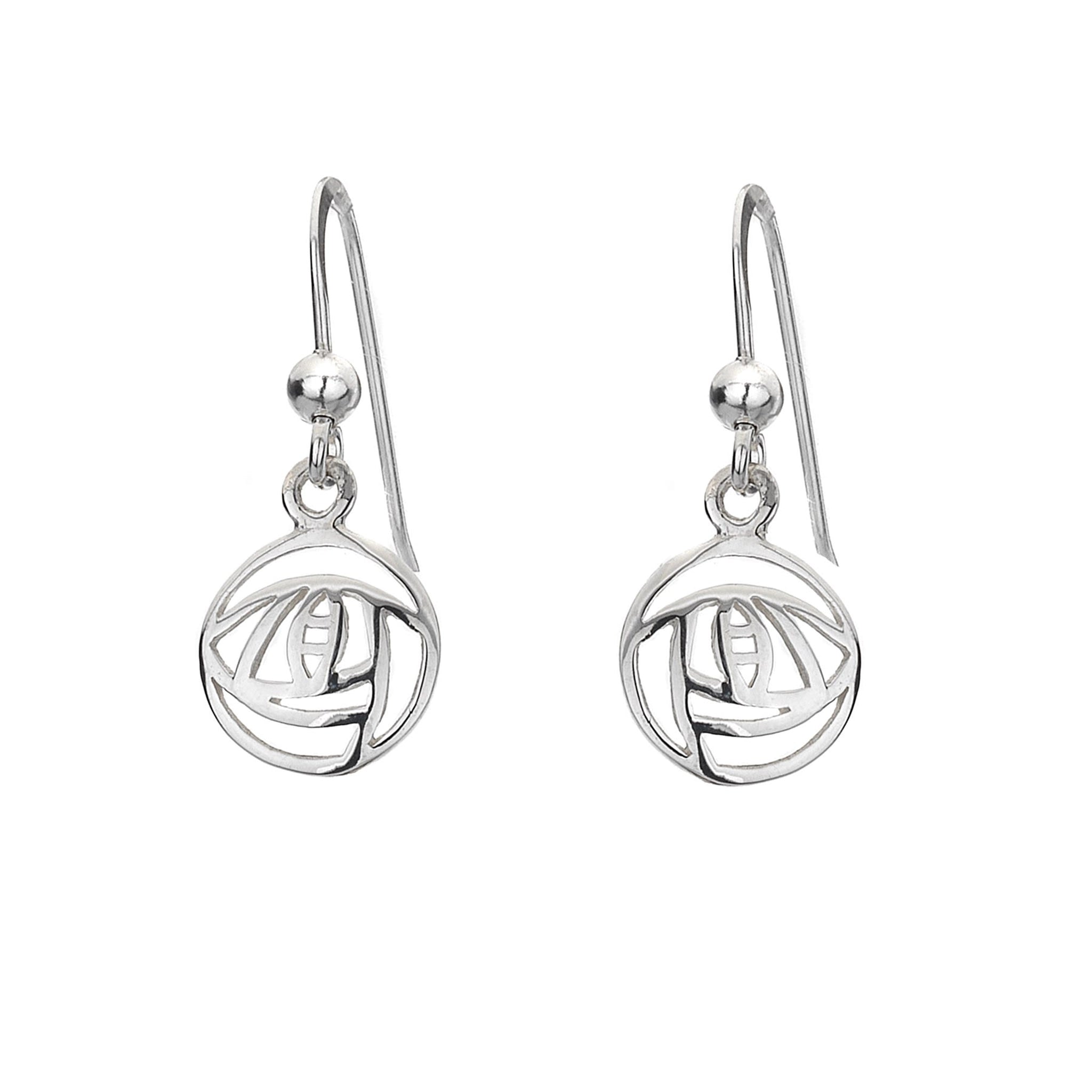 A pair of simple round silver Mackintosh rose design drop earrings