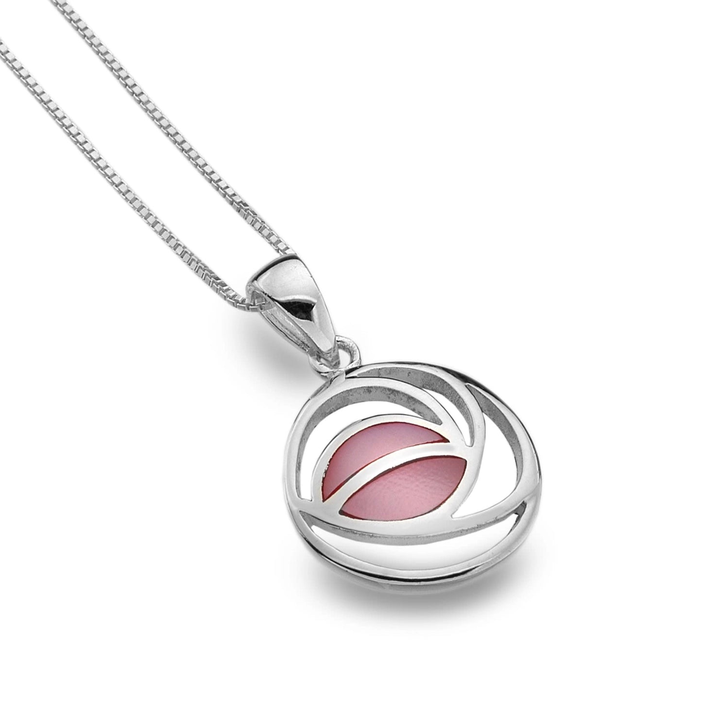 A round pendant featuring a Mackintosh rose design in pink mother of pearl