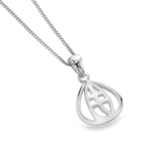 A silver pendant featuring a Mackintosh style tulip in a teardrop shape