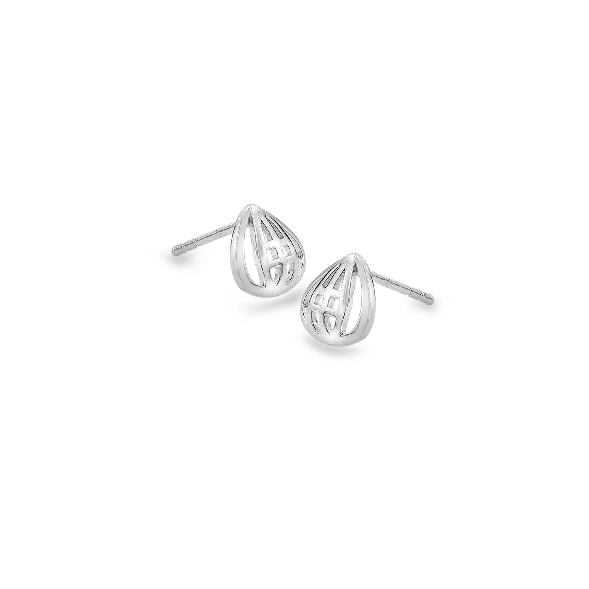 A pair of silver teardrop shaped studs featuring a Mackintosh tulip design