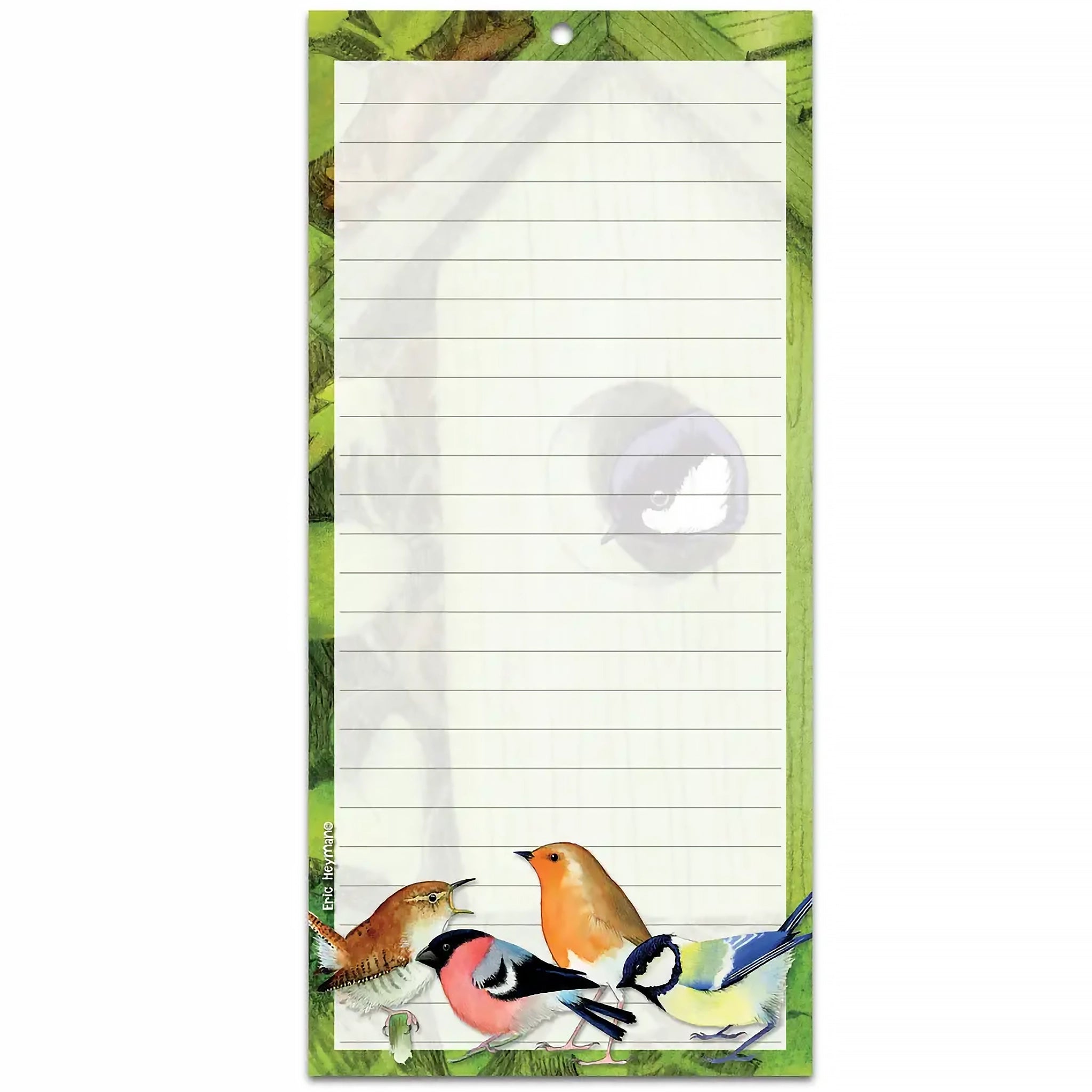 A long shopping pad notebook, lined and with a print of an illustration of British garden birds