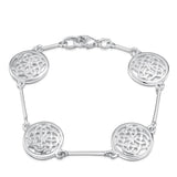 Silver link bracelet with silver bars and round celtic knot pendants with lobster claw clasp