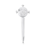 Silver kilt pin with sword shape and round centre with detailed celtic knot