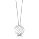 Silver round pendant with detailed celtic knot centre on silver chain