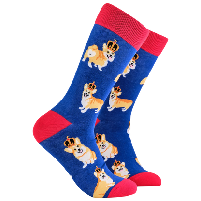 Majestic crowned corgi dog socks in royal blue and red