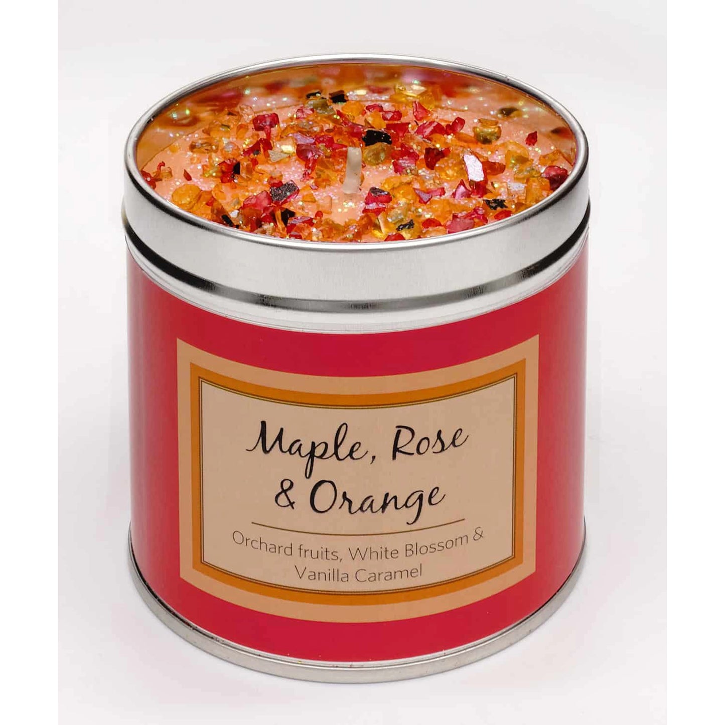 Maple, Rose, Orange scented candle tin with added embellishments
