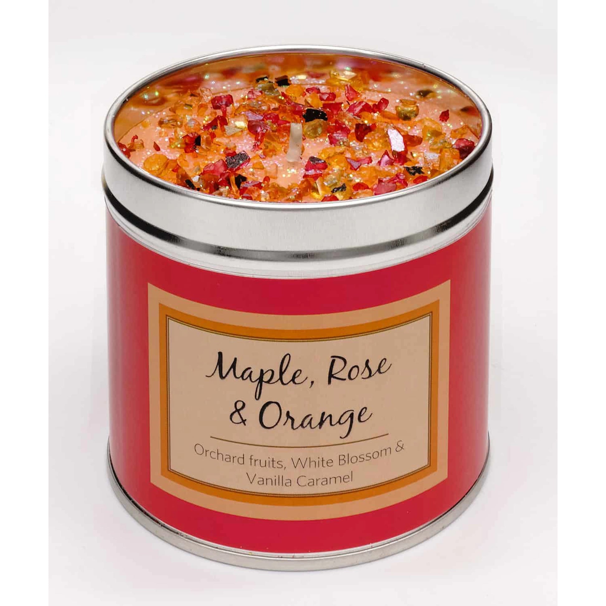 Maple, Rose, Orange scented candle tin with added embellishments