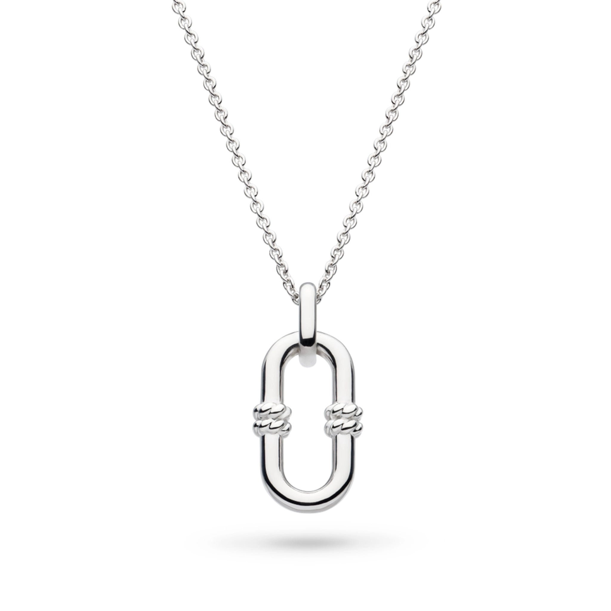 A silver pendant shaped like a single chain link with twisted rope details