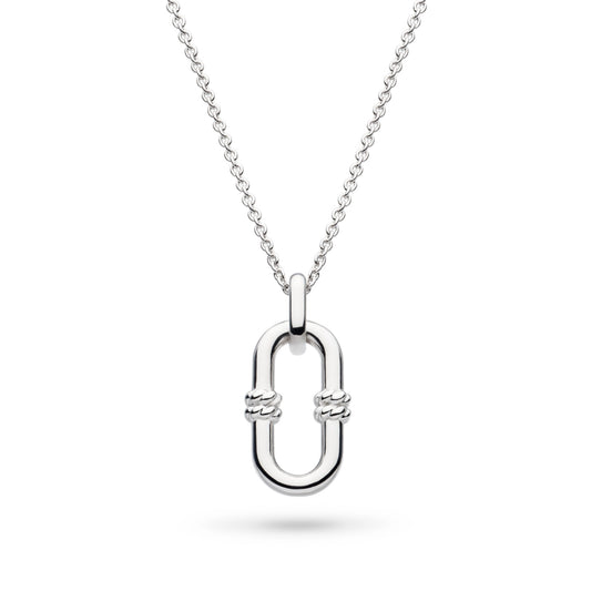 A silver pendant shaped like a single chain link with twisted rope details